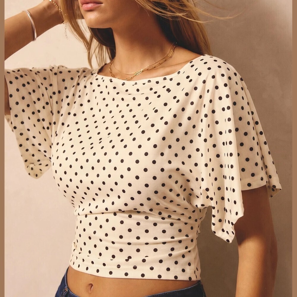 Cream Polka Dot Boat Neck Flutter Sleeve Fitted Crop T-Shirt Top